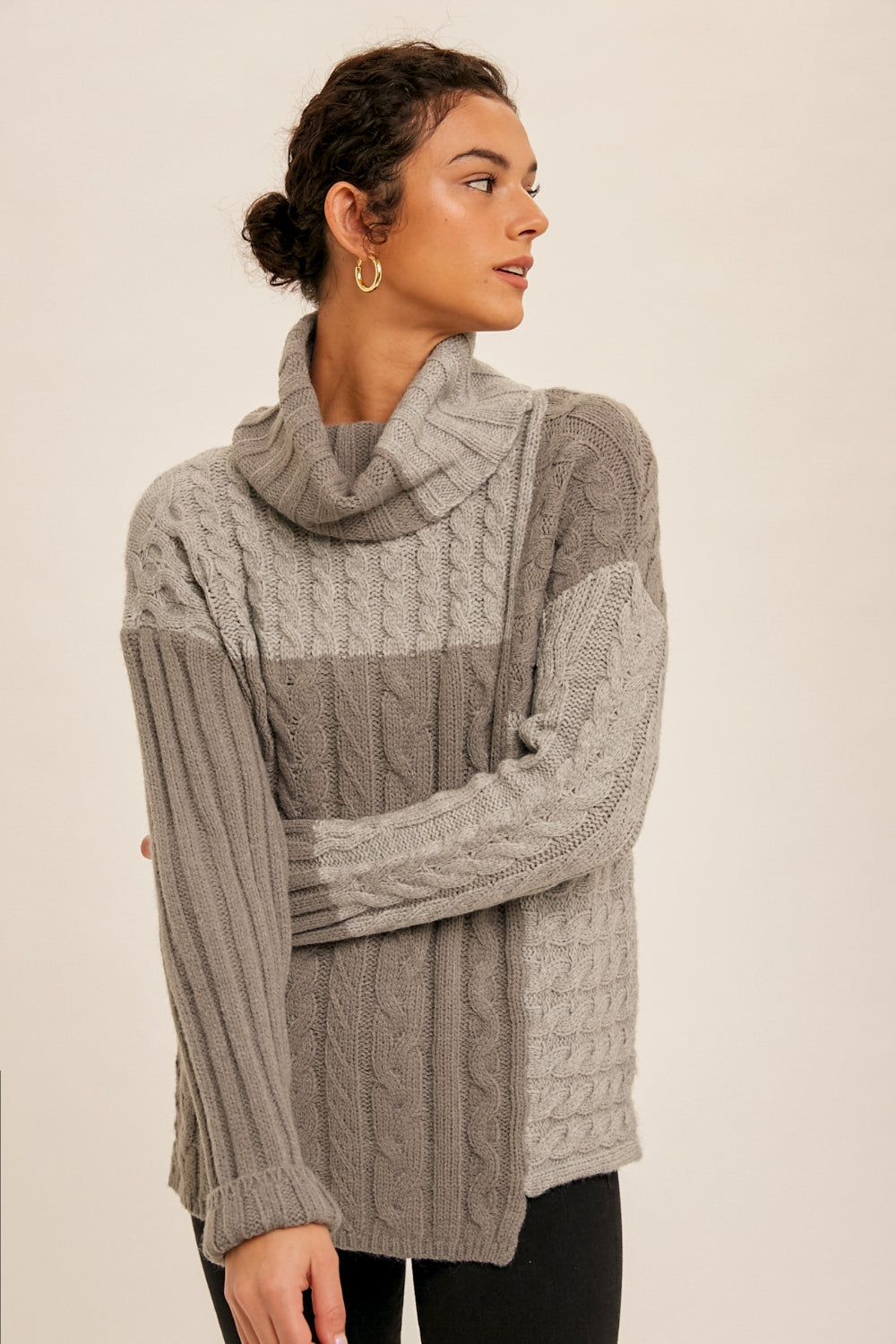 Colorblock Gray Patchwork Turtleneck Sweater