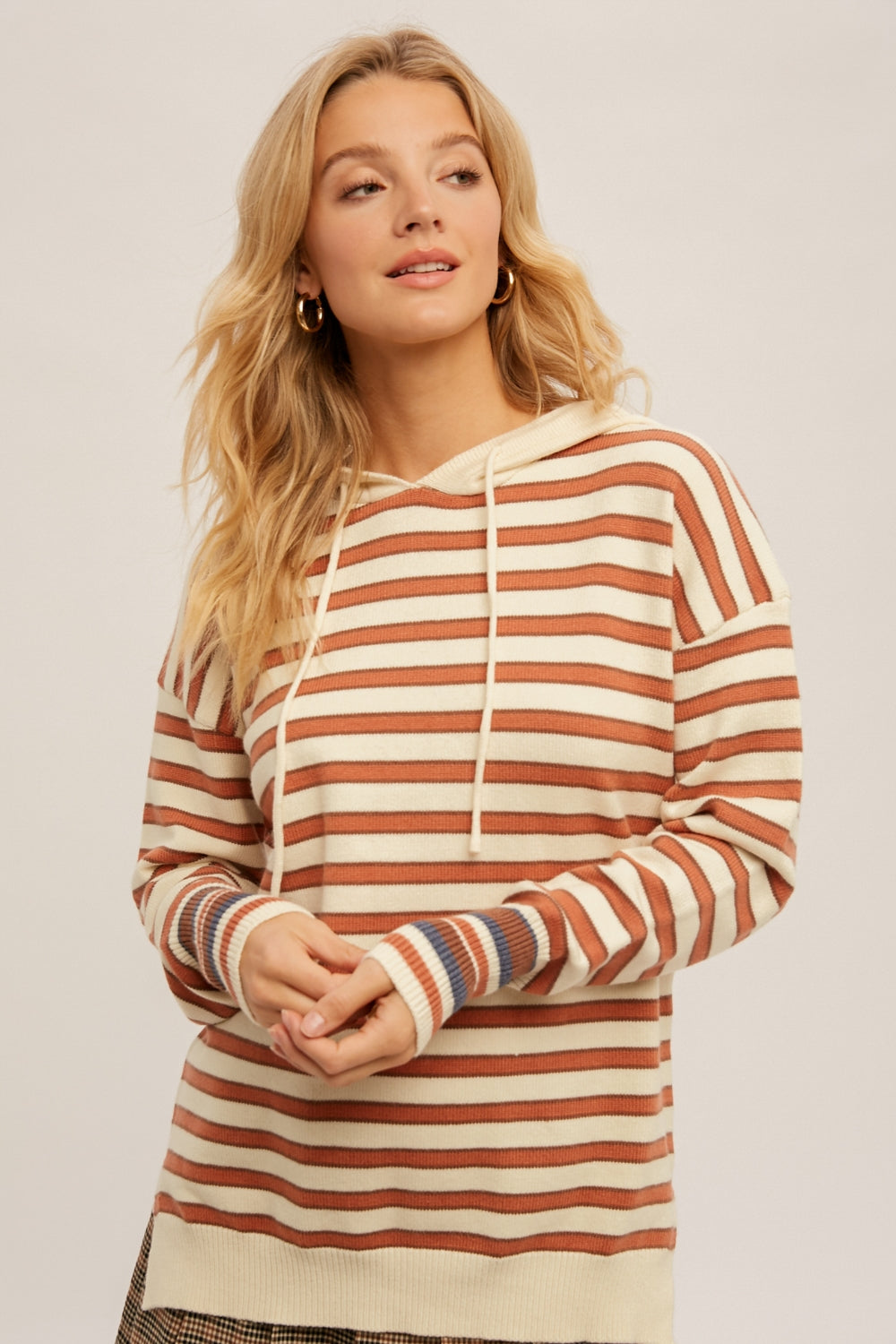 Ivory and Camel Striped Colorblock Hoodie
