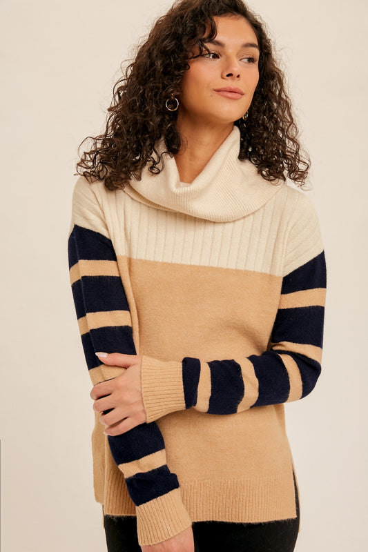 Funnel Neck Stripe Sleeve Side Slit Sweater