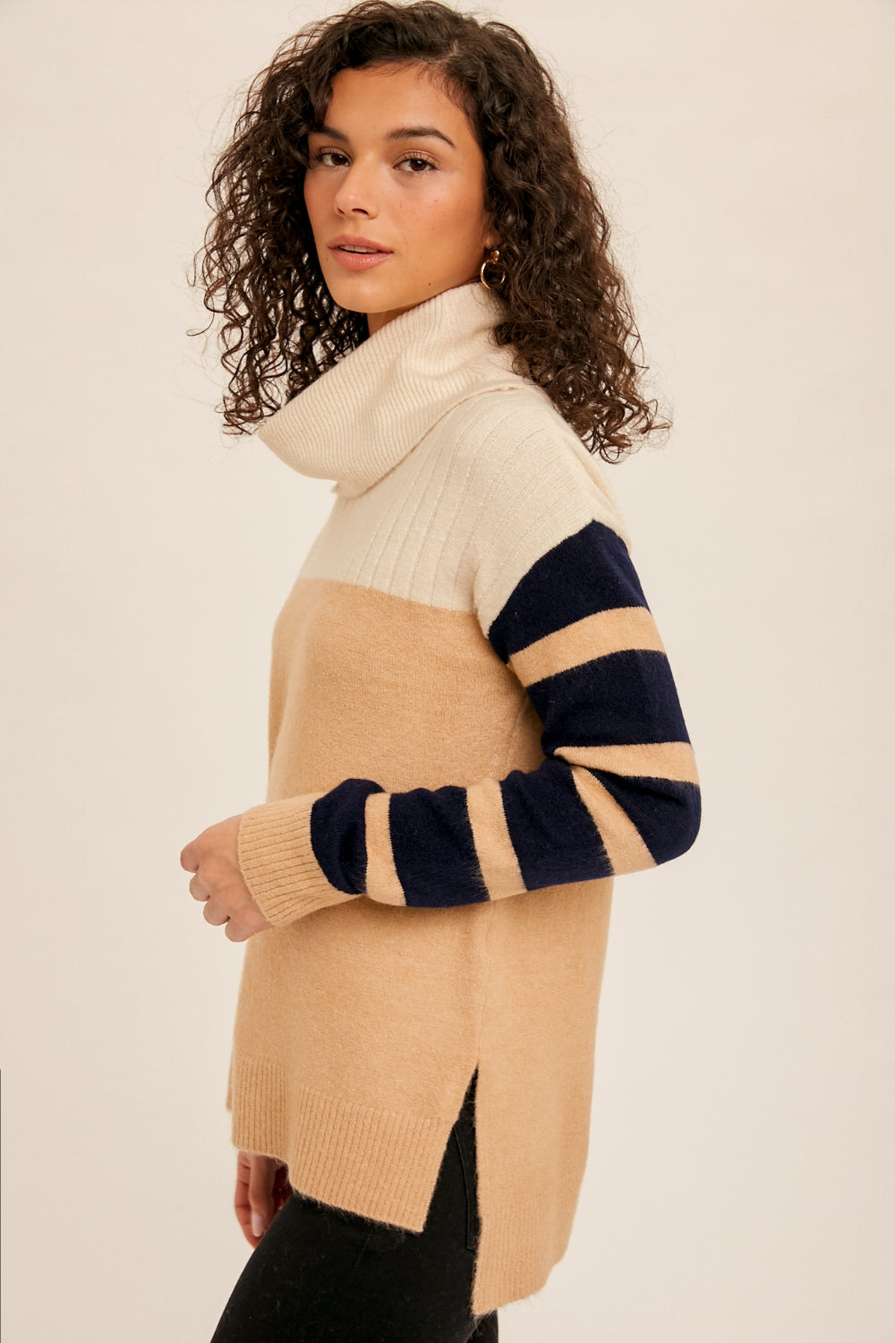 Funnel Neck Stripe Sleeve Side Slit Sweater