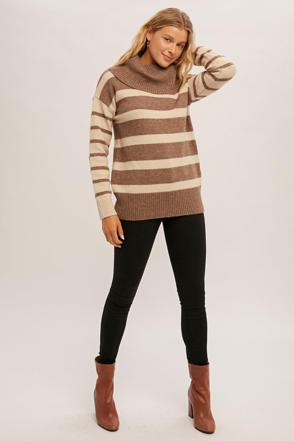 Striped Cowl Neck Pullover Sweater
