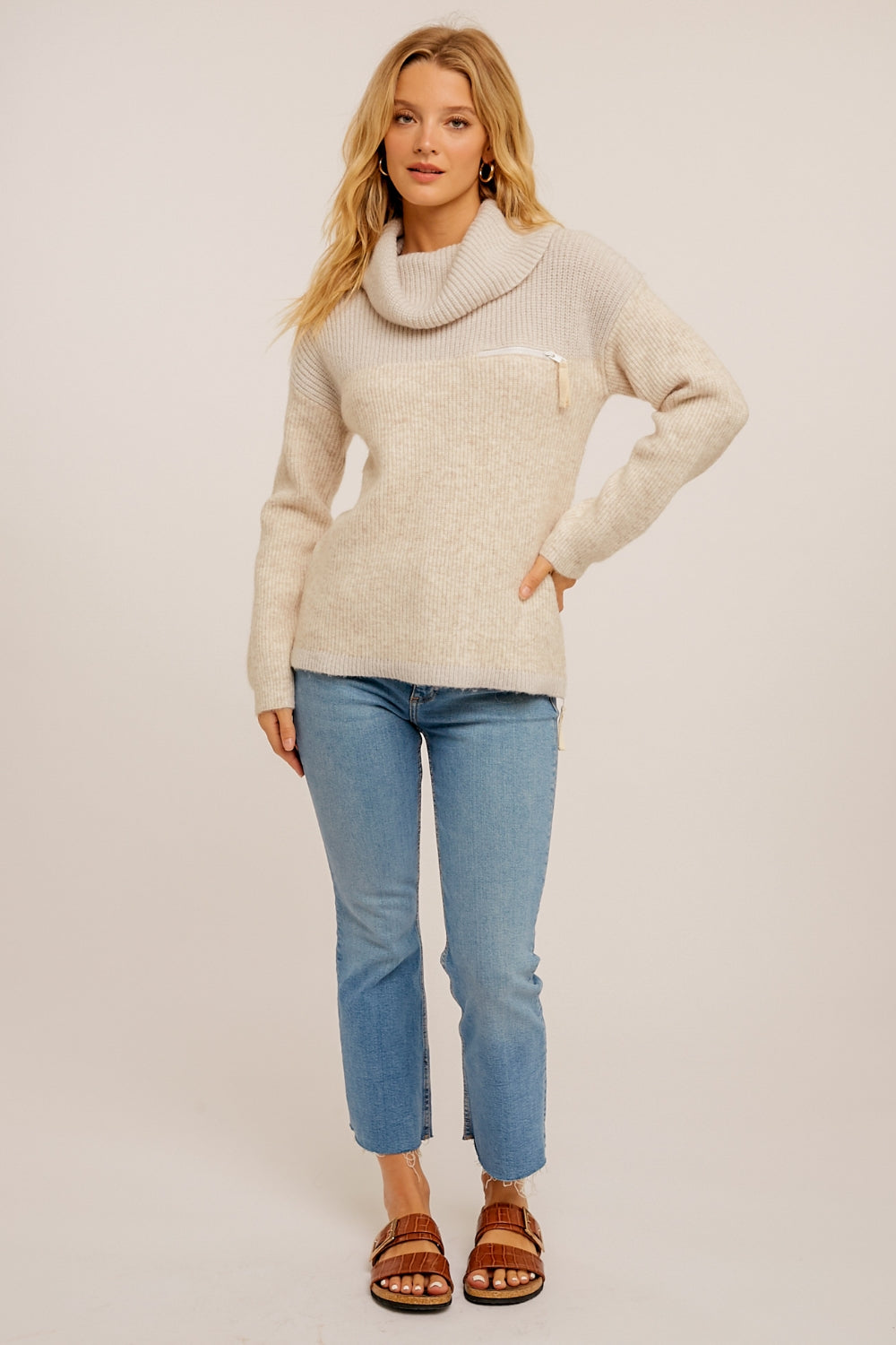 Side Front Zipper Cowl Neck Pullover Sweater
