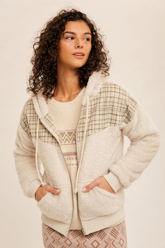Cozy Sherpa Checkered Zip Up Hoodie