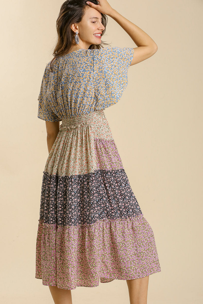 Floral Colorblock Tiered Midi Dress