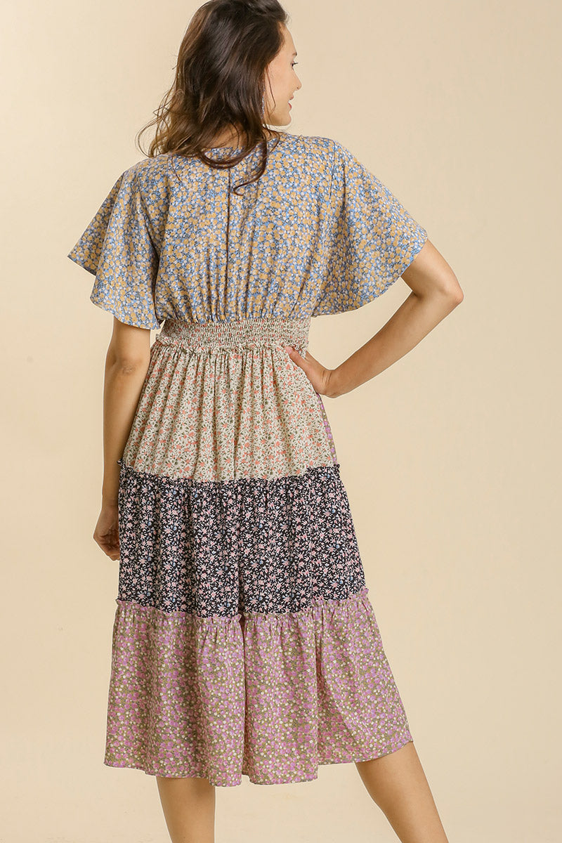 Floral Colorblock Tiered Midi Dress