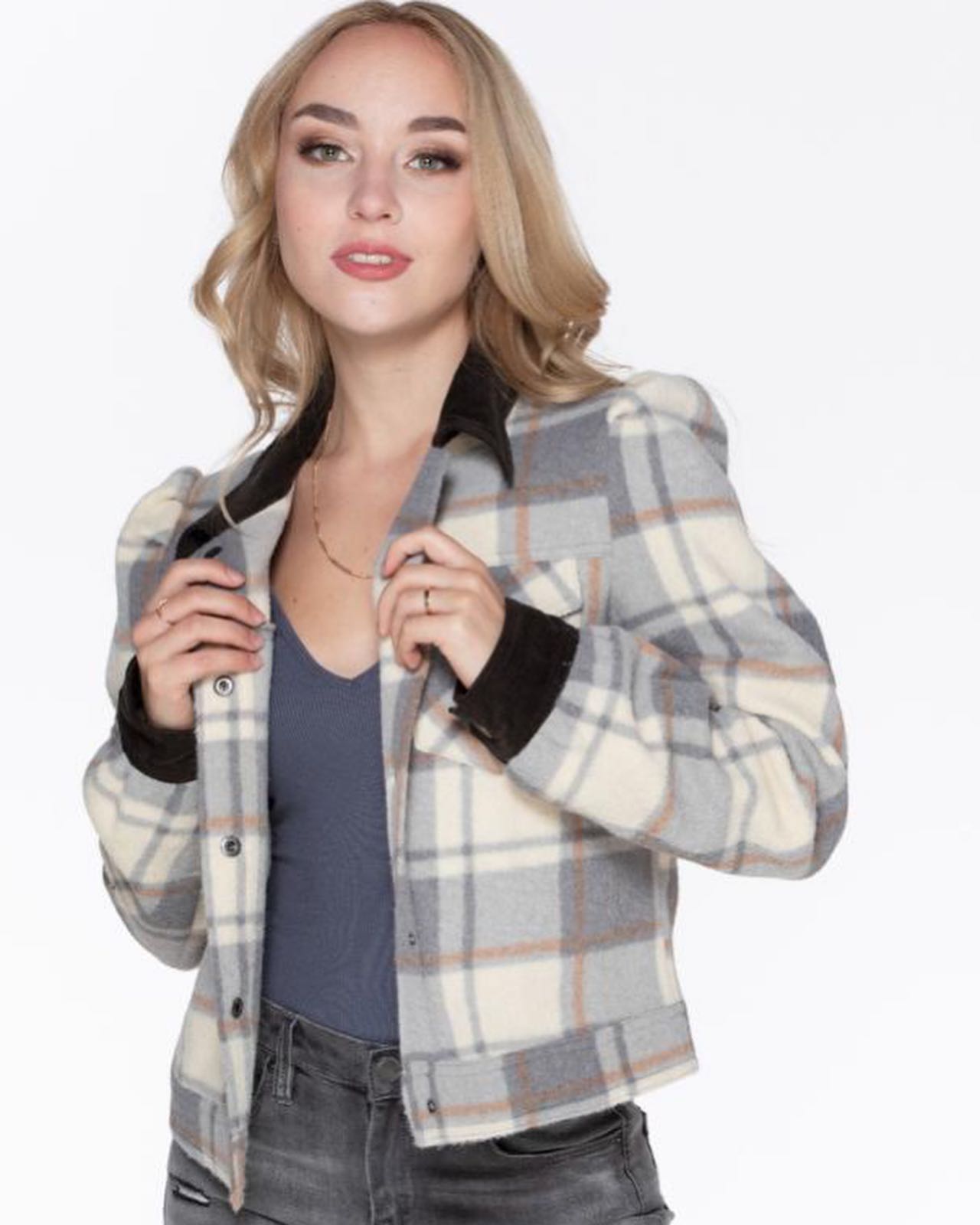 Gray Plaid Button Up Jacket