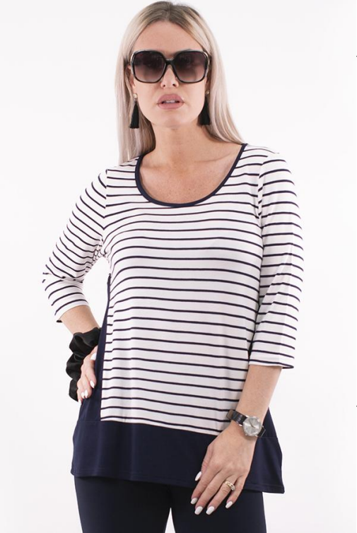 Ivory and Navy Striped 3/4 Sleeve Top