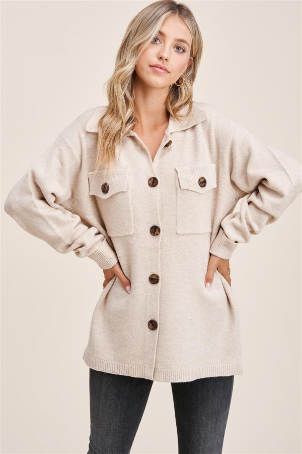 Button Up Long Sleeve Sweater Cardigan - Oatmeal