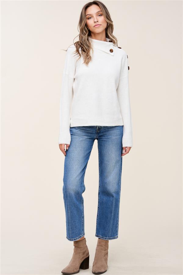 Turtle Neck Button Accent Ivory Sweater Top