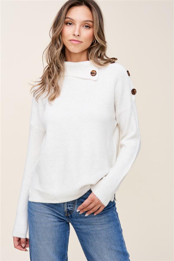 Turtle Neck Button Accent Ivory Sweater Top