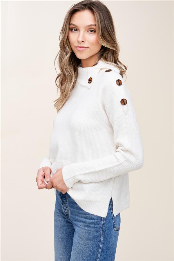 Turtle Neck Button Accent Ivory Sweater Top