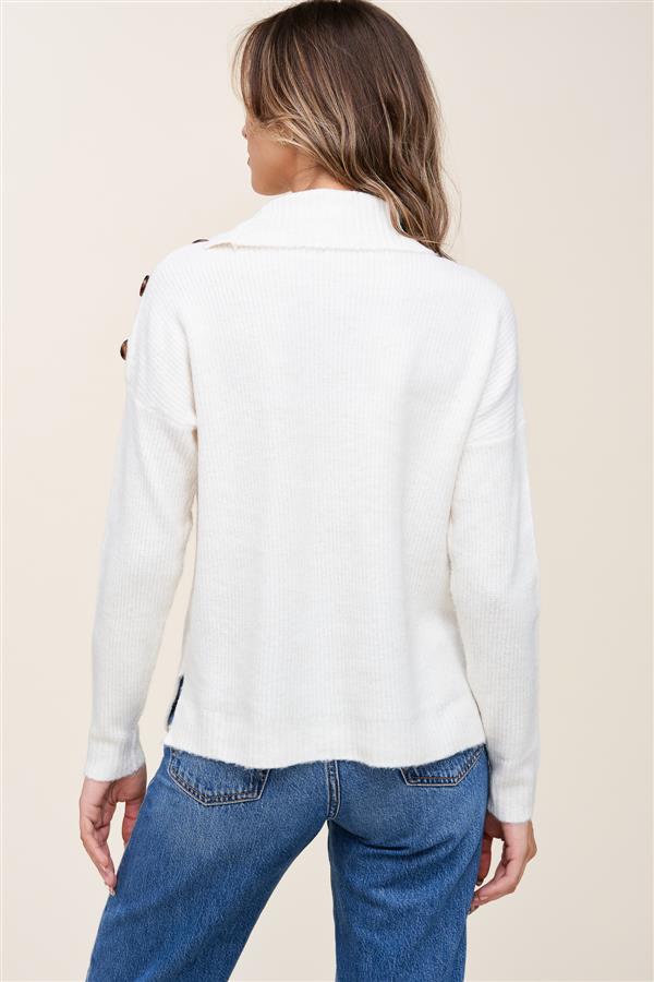 Turtle Neck Button Accent Ivory Sweater Top