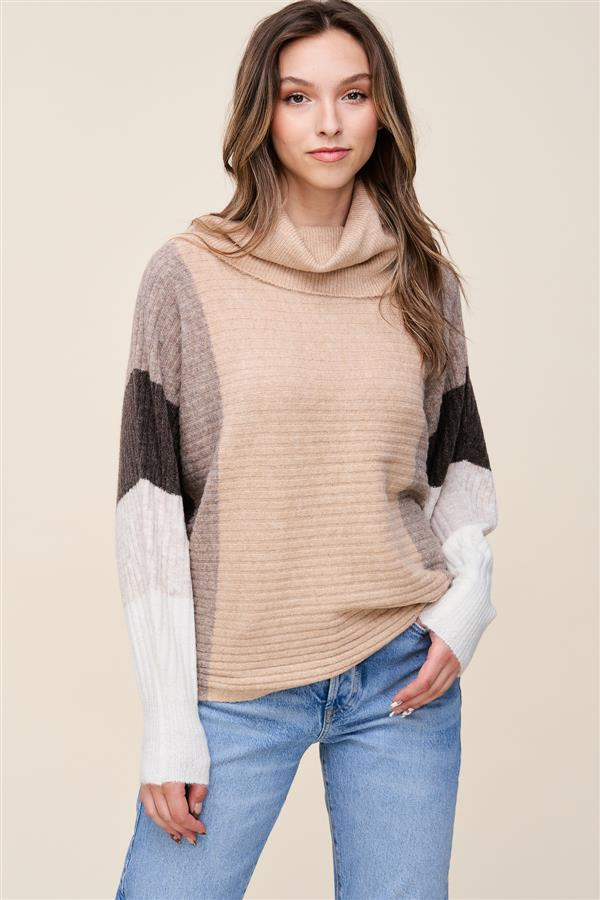 Taupe and Brown Colorblock Sleeves Cozy Sweater