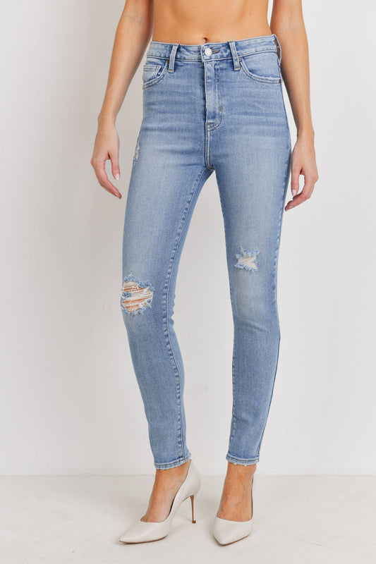 High Rise Slight Distress Ankle Skinny Jeans