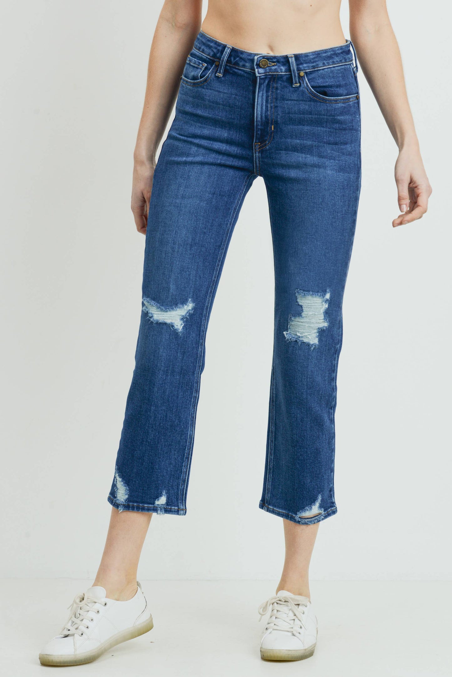 Dark Wash Slight Distressed Straight Ankle Jeans