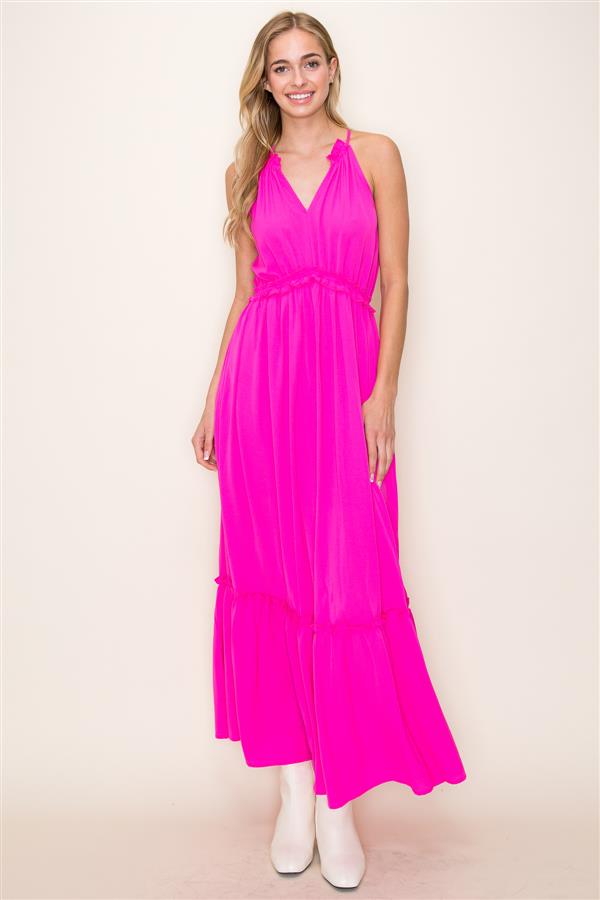 Hot Pink Ruffle Empired Sleeveless Dress