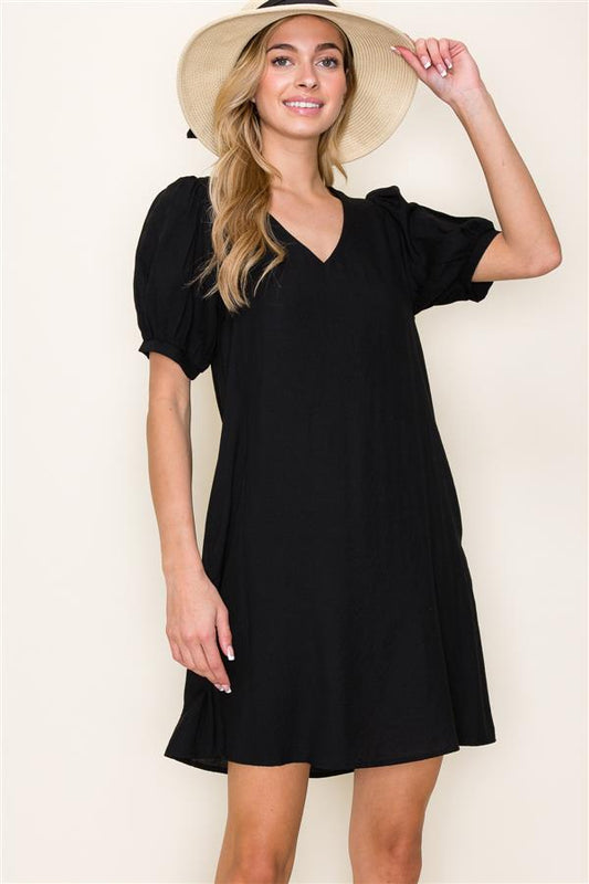 Puff Half Sleeve V-Neck Black Dress