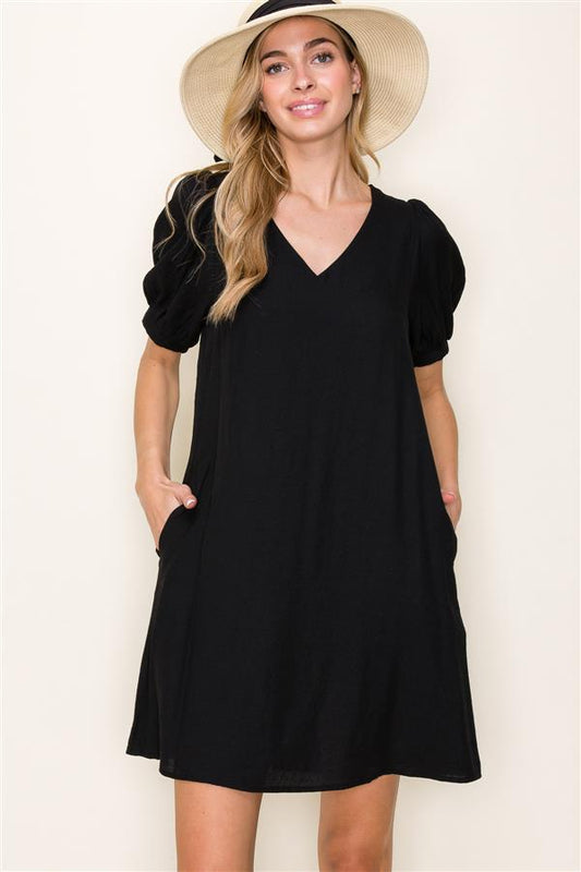 Puff Half Sleeve V-Neck Black Dress