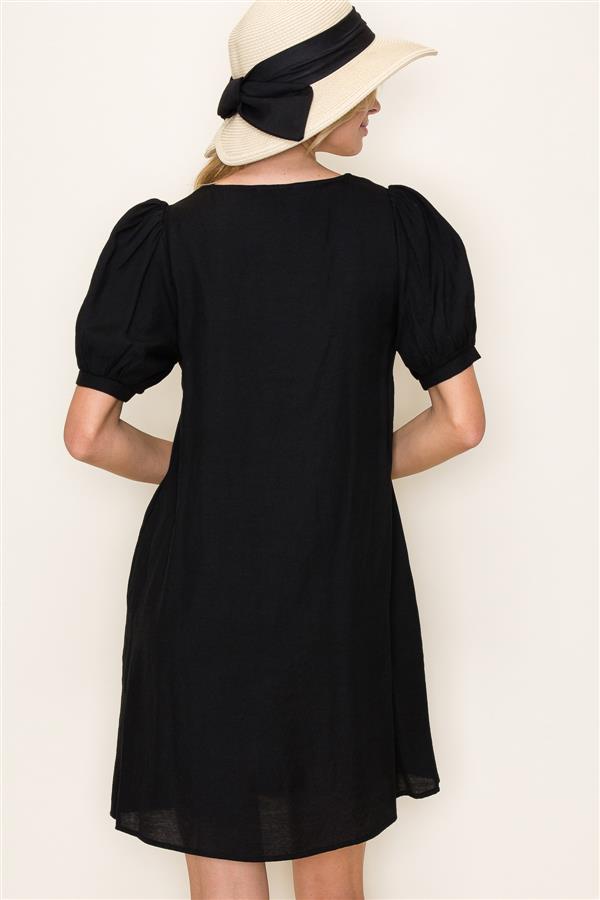 Puff Half Sleeve V-Neck Black Dress