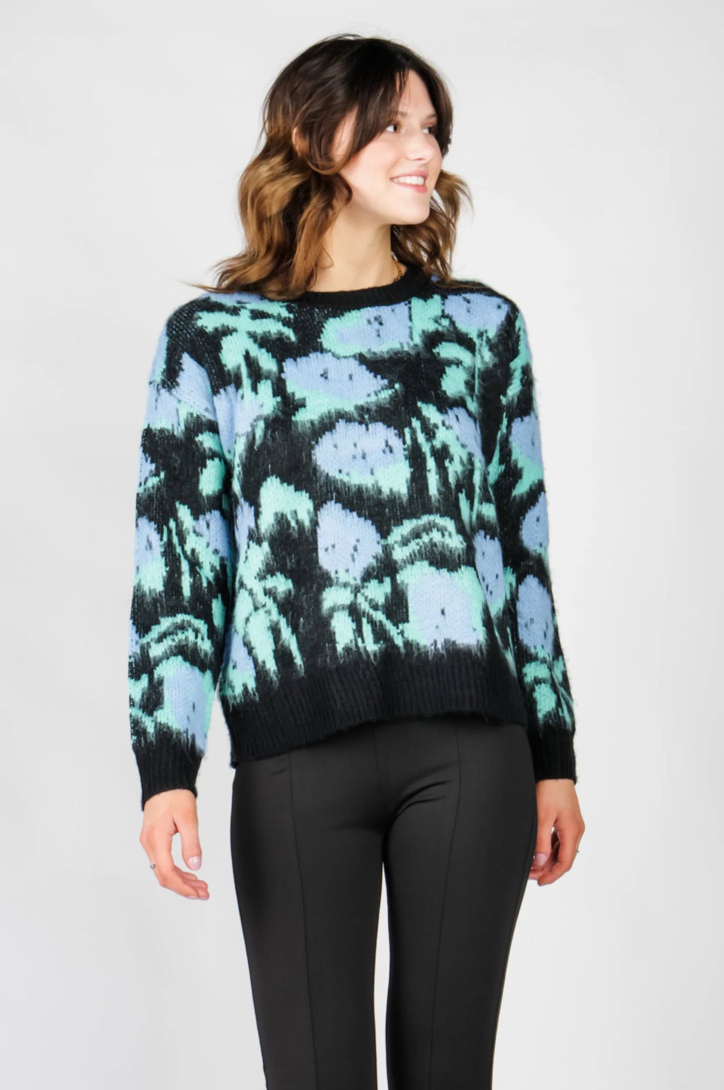 Dahlia Abstract Floral Pattern Crewneck Sweater