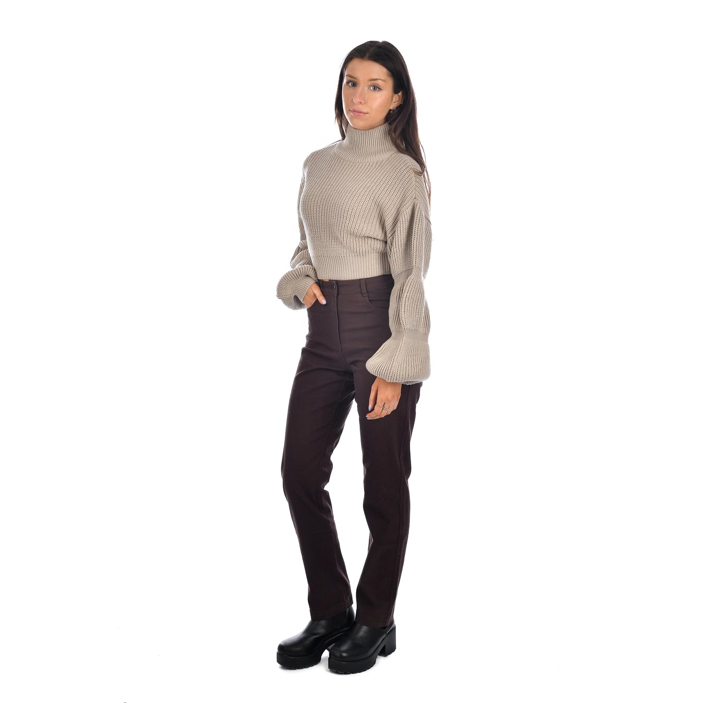 Krystle Ruched Sleeve Cropped T-neck Sweater