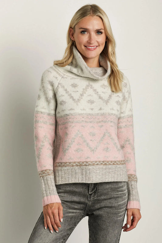 Fair Isle Cowl Neck Pink Sweater