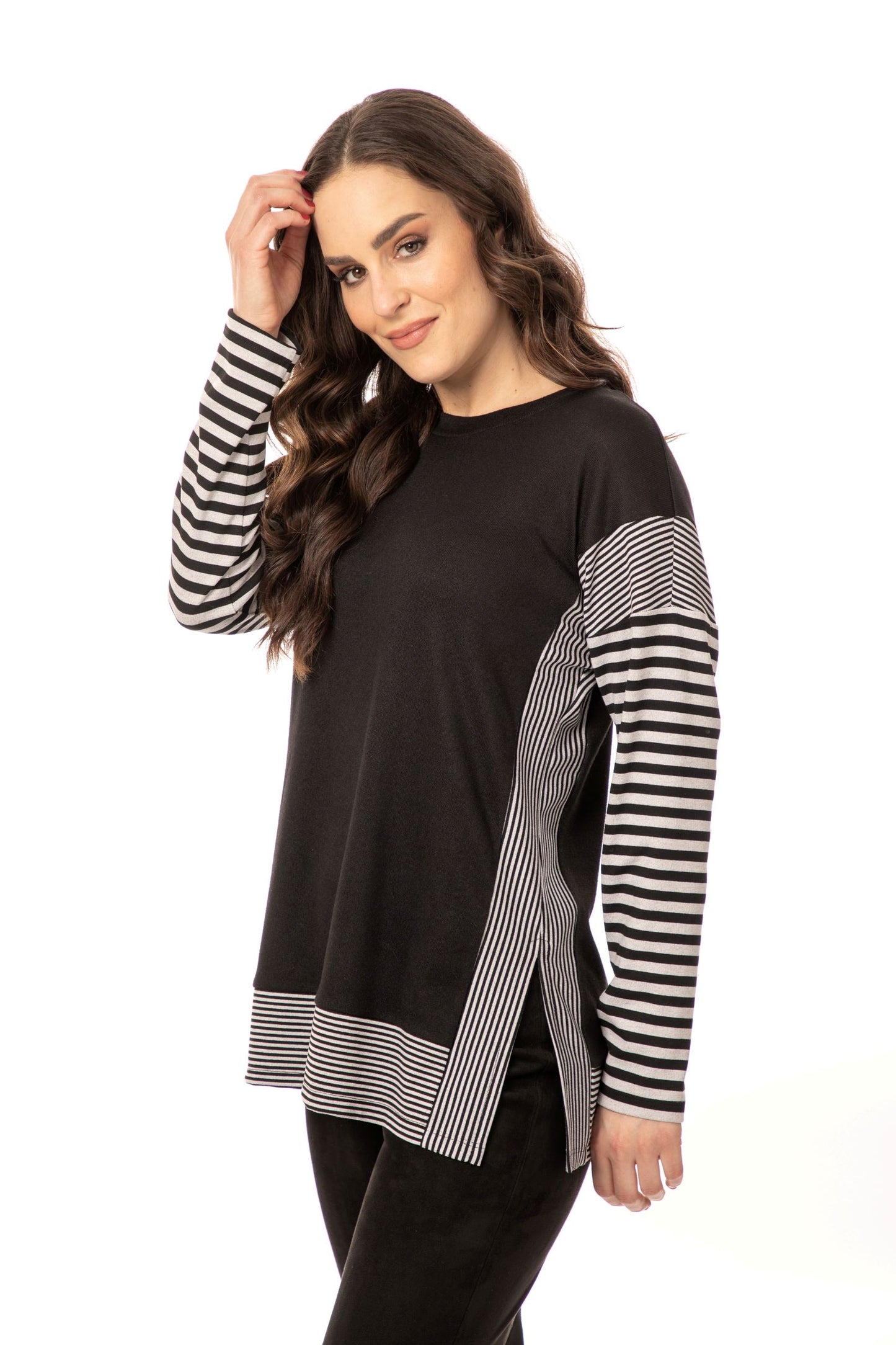 Black and White Striped Sleeve Side Slit Top