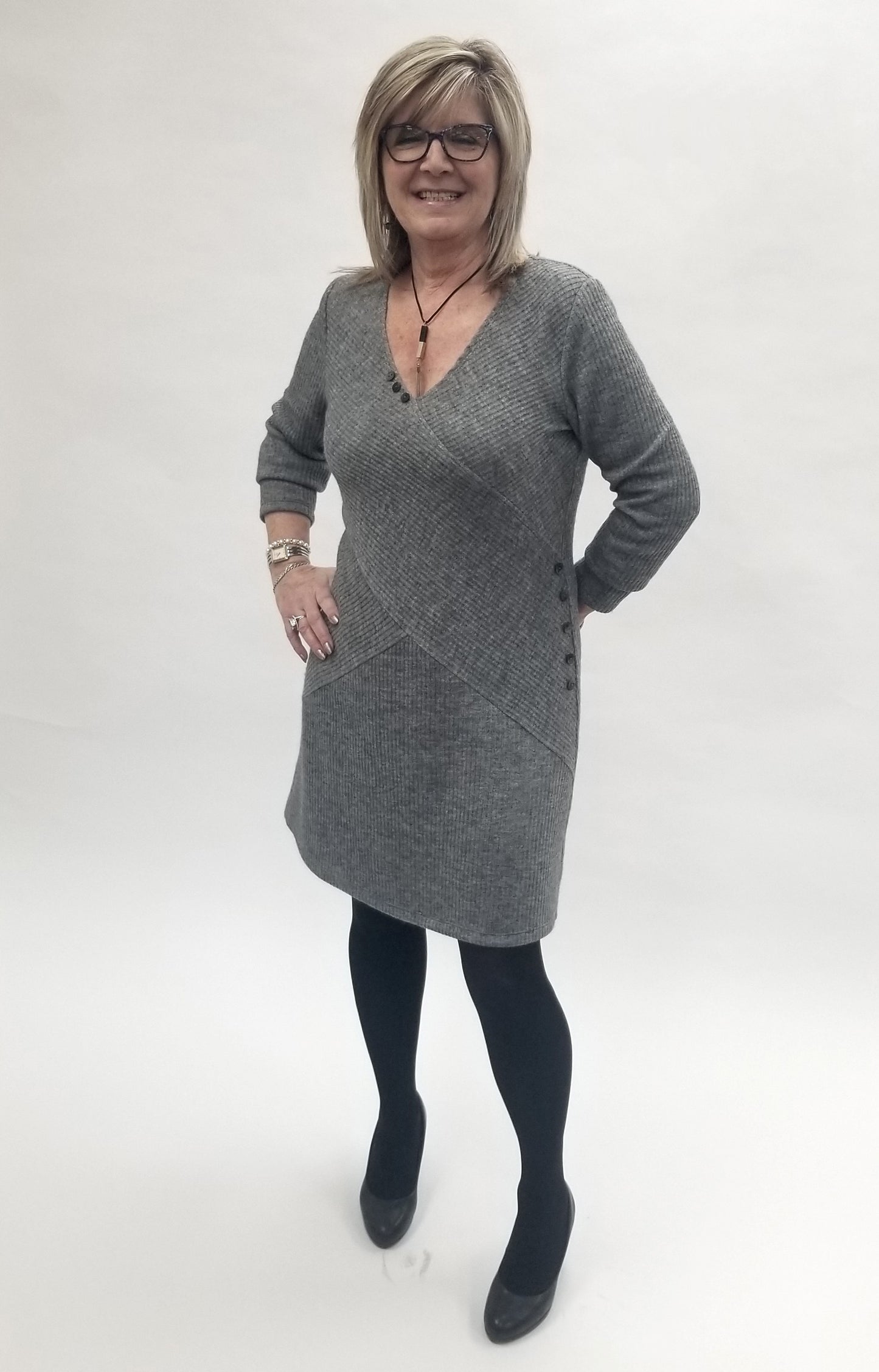 Gray V-Neck Sweater Dress