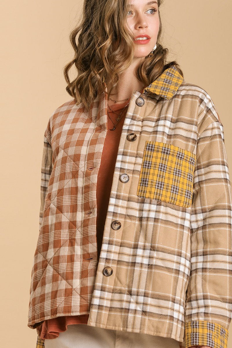 Taupe Quilted Colorblock Plaid Jacket
