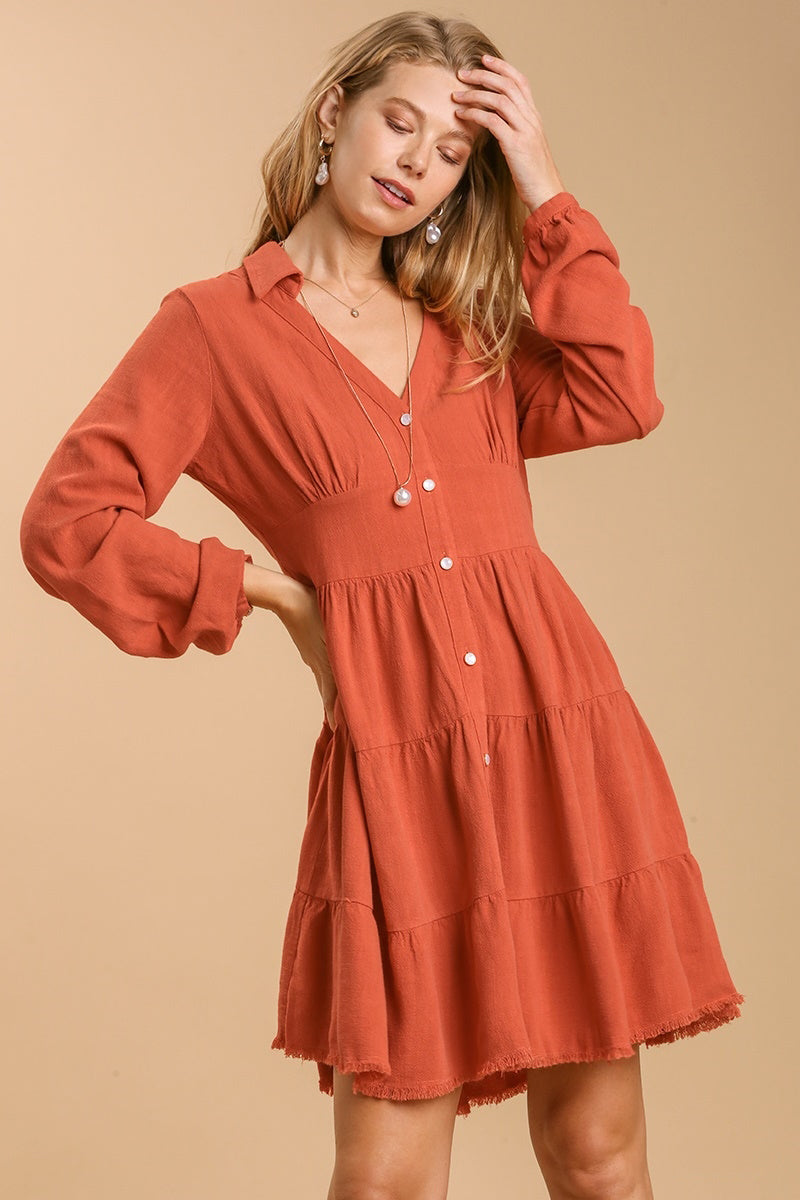 V-Neck Collared Button Detailed Tiered Dress