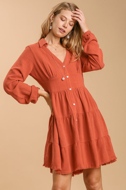 V-Neck Collared Button Detailed Tiered Dress
