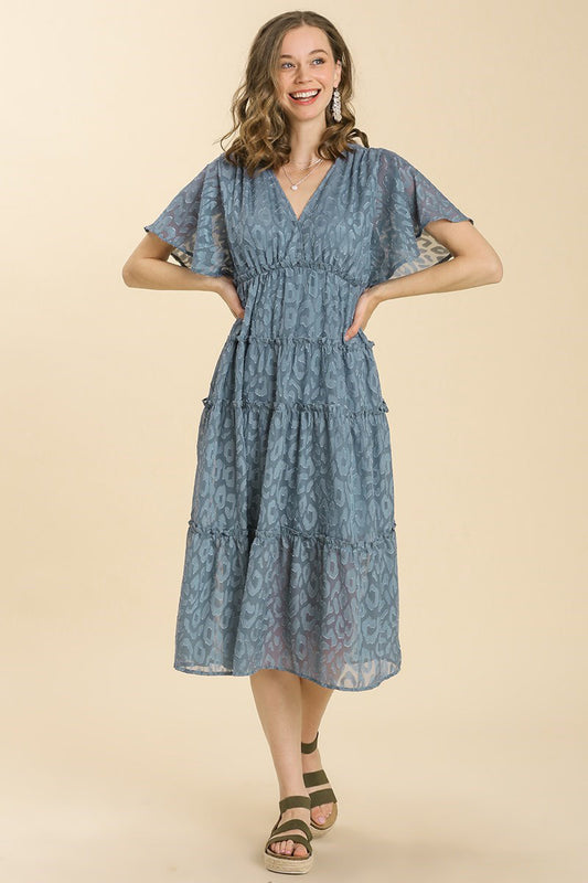 Tiered V-Neck Short Sleeve Animal Print Ruffle Dress