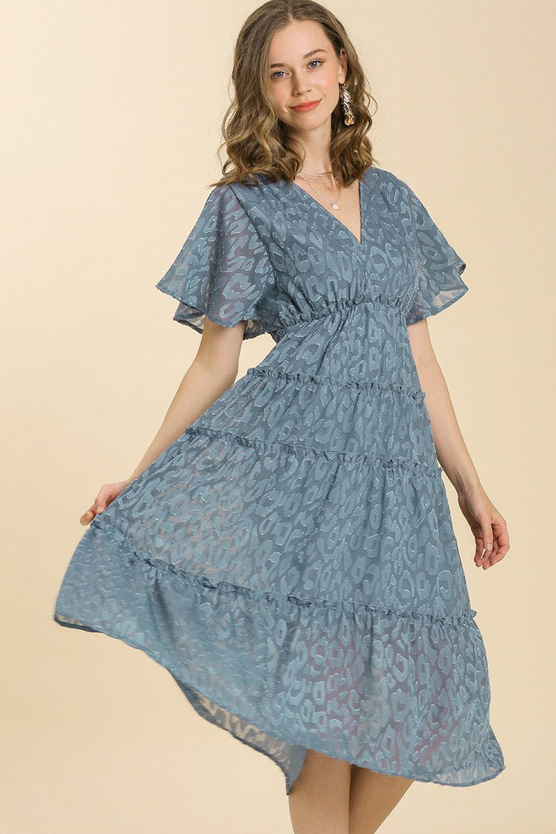 Tiered V-Neck Short Sleeve Animal Print Ruffle Dress