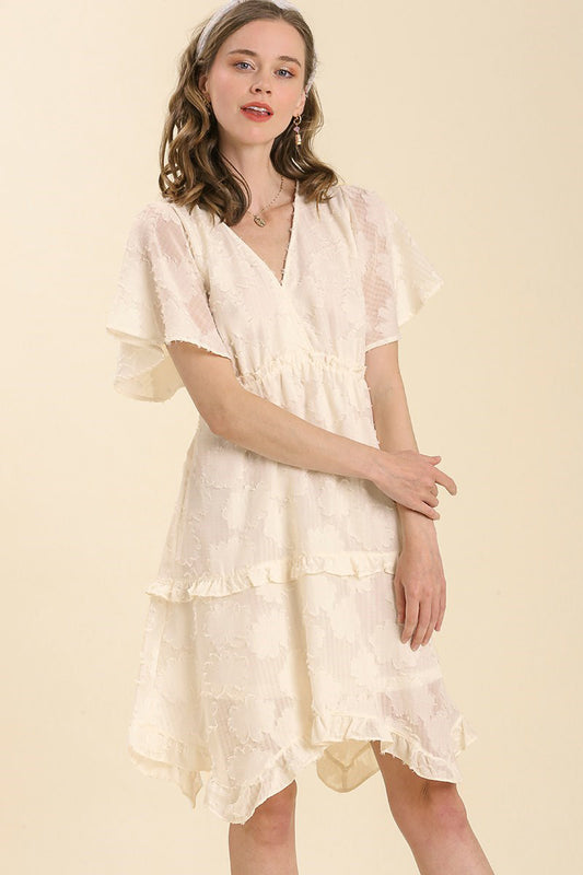 Butterfly Sleeve Burnout Fabric V-Neck Dress