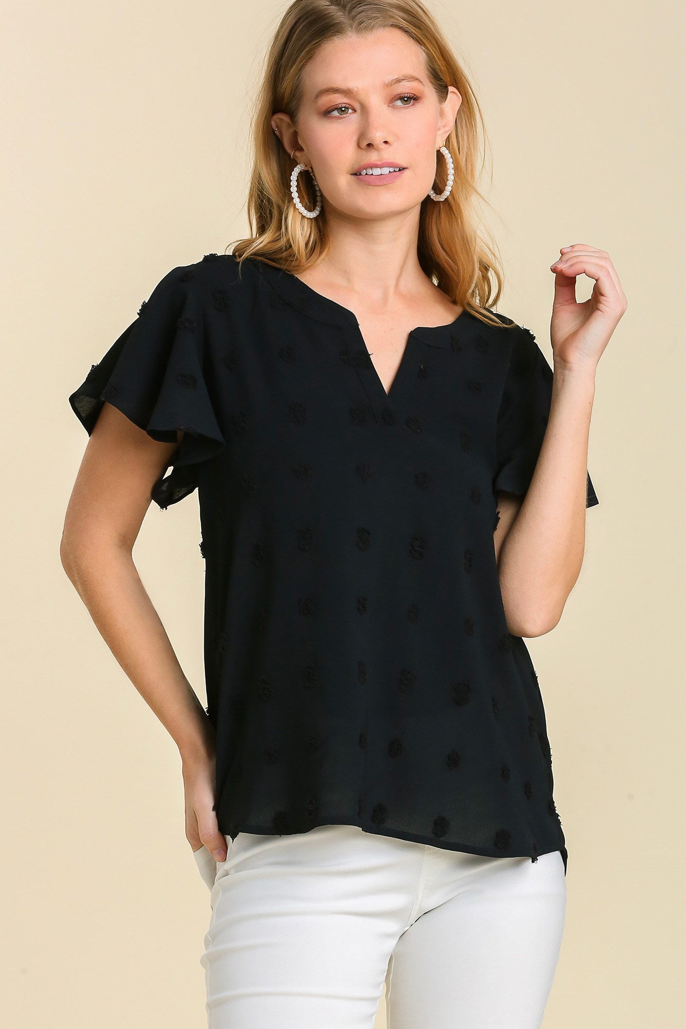 Black V-Neck Swiss Dot Flutter Sleeve Top