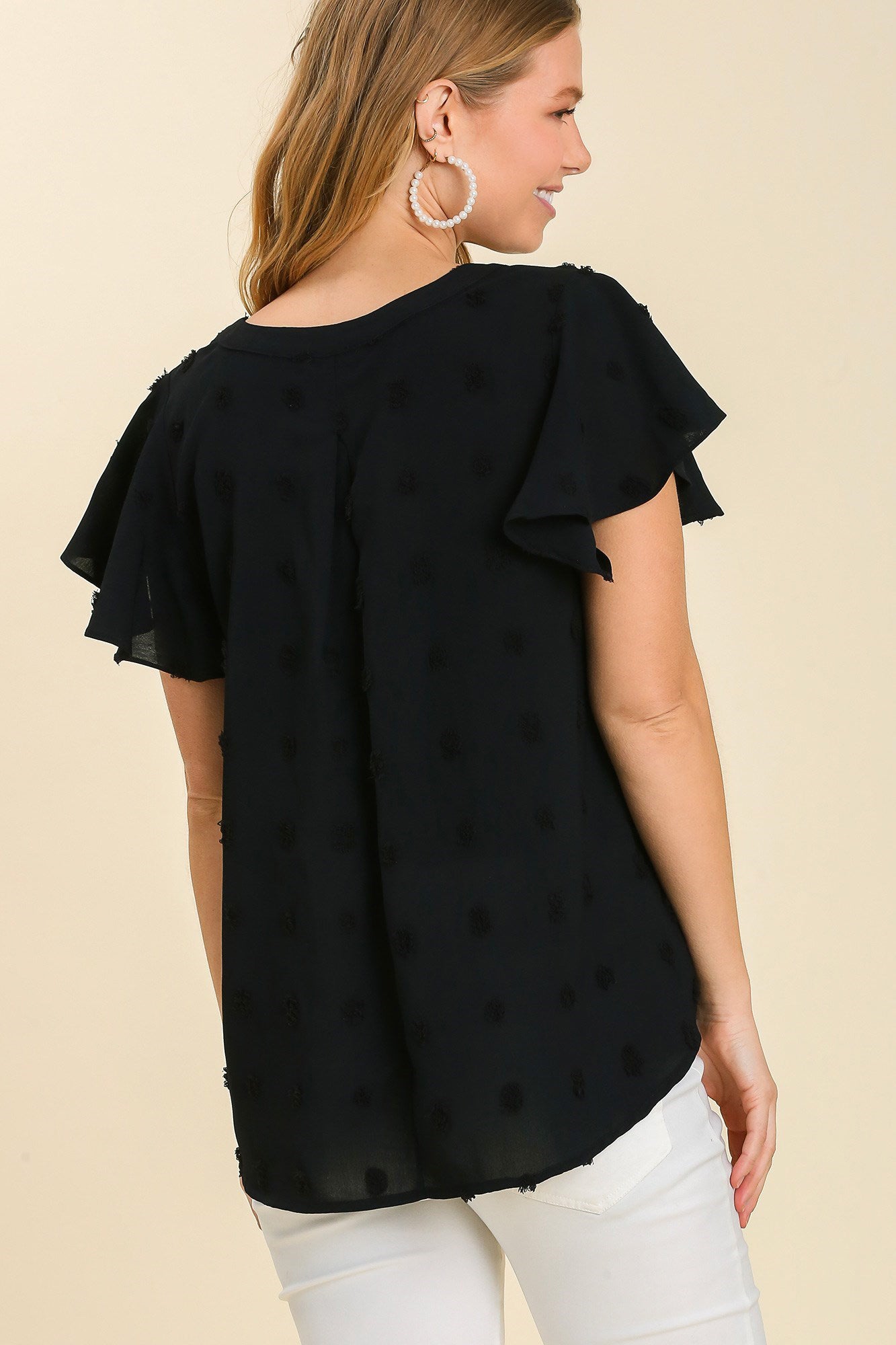 Black V-Neck Swiss Dot Flutter Sleeve Top