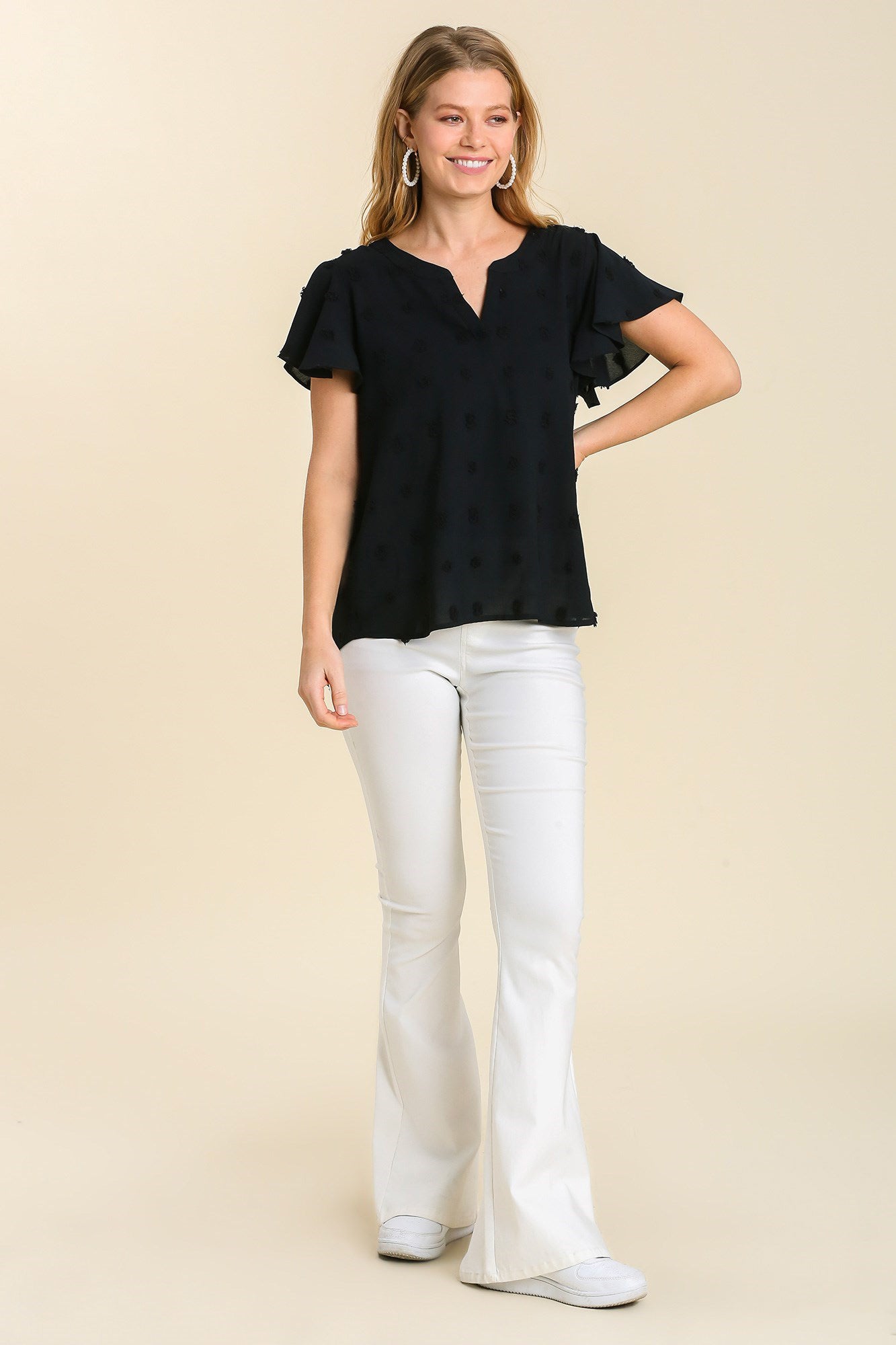 Black V-Neck Swiss Dot Flutter Sleeve Top