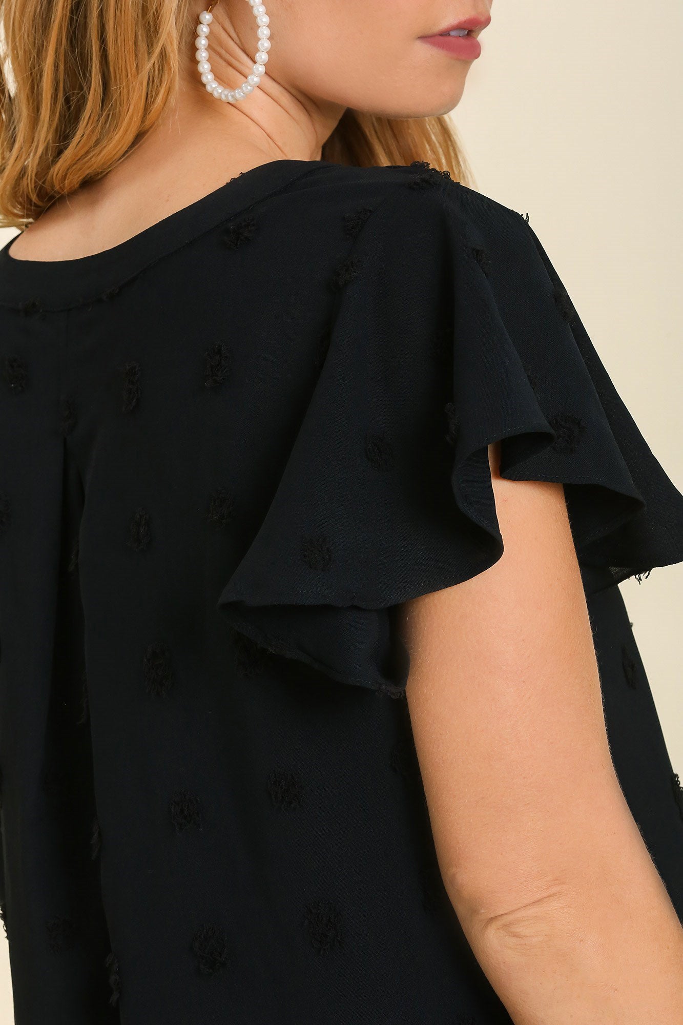 Black V-Neck Swiss Dot Flutter Sleeve Top