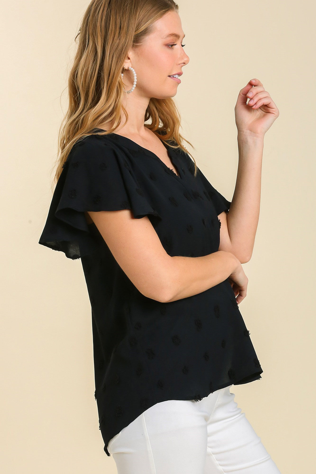 Black V-Neck Swiss Dot Flutter Sleeve Top