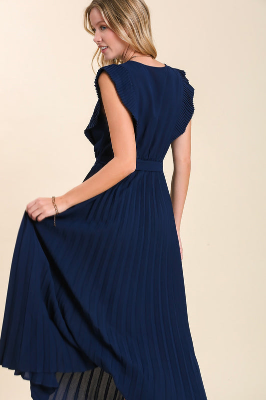 Navy Accordion Pleated V-Neck Dress