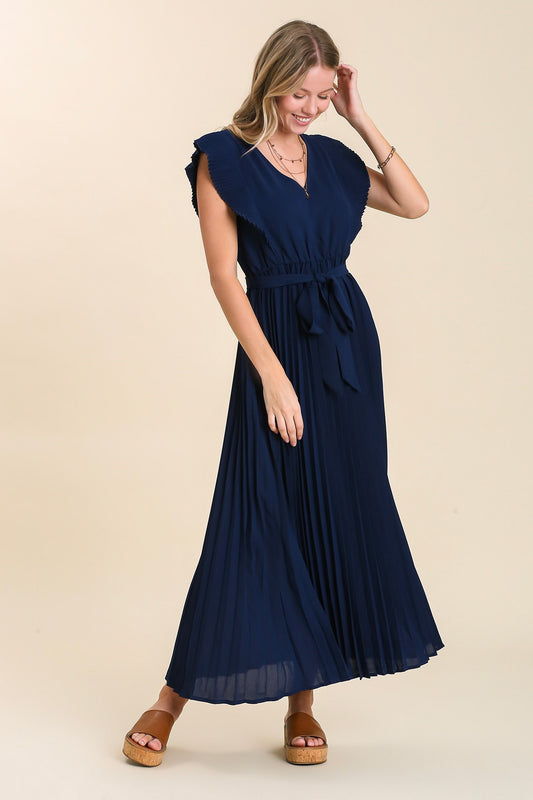 Navy Accordion Pleated V-Neck Dress