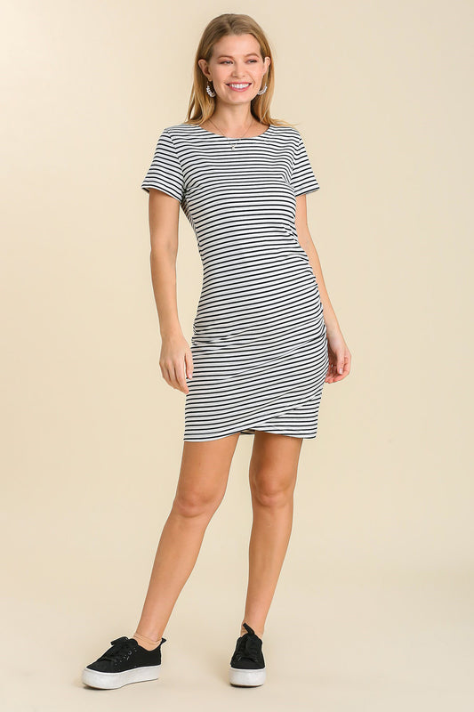 Ruched Side Black and White Striped Dress