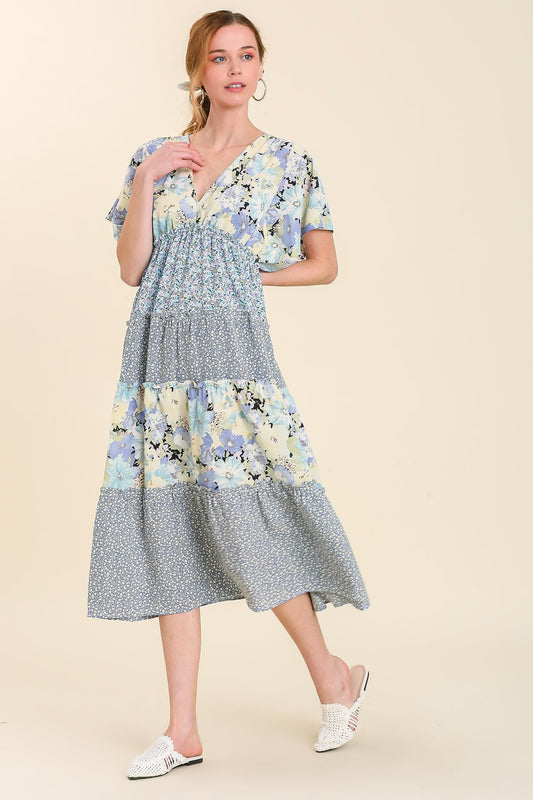 Purple Floral Mixed Print Tiered Dress