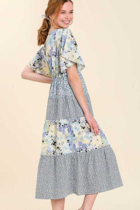 Purple Floral Mixed Print Tiered Dress