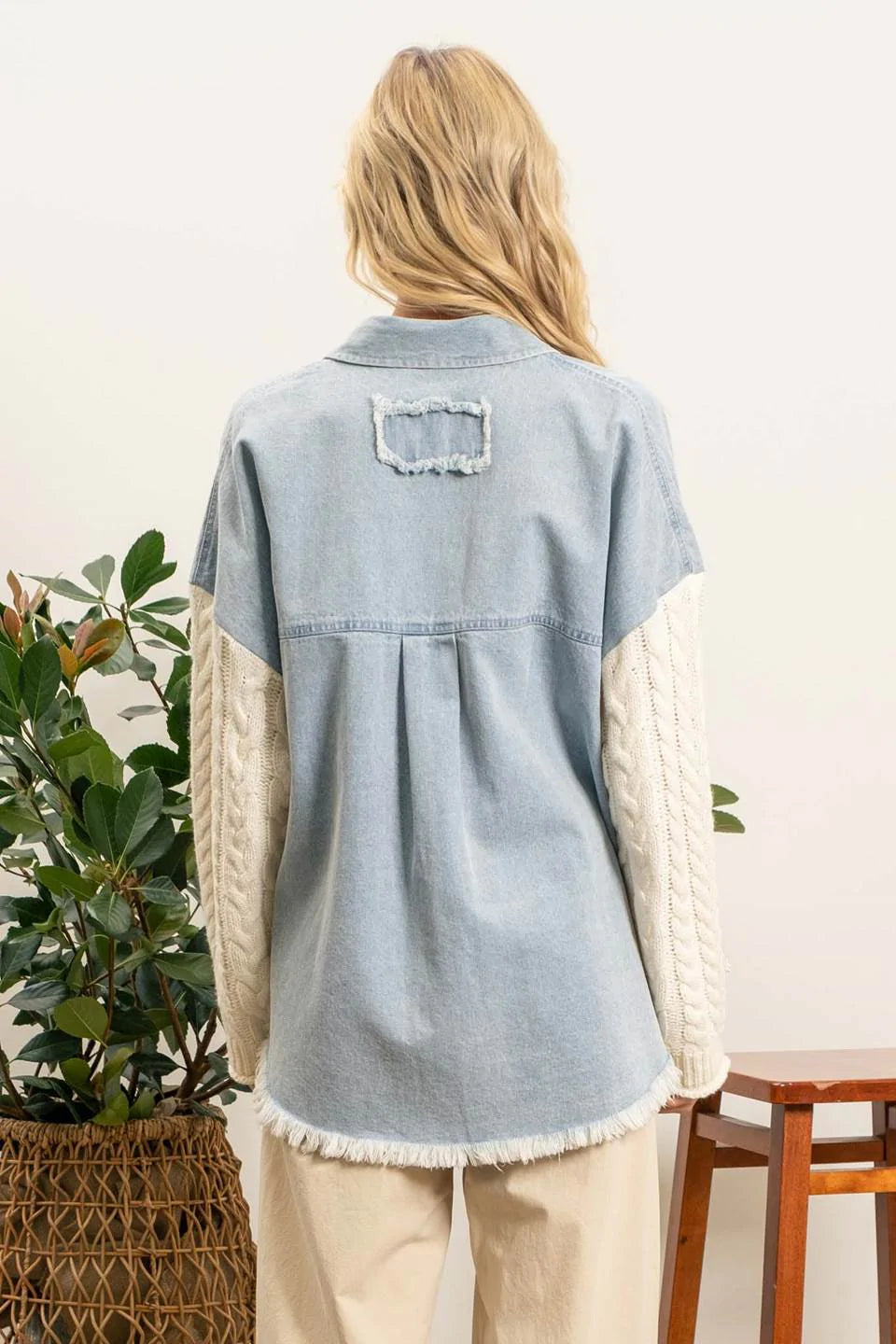 Contrast Cable Knit Sleeves Frayed Hem Jacket - Denim