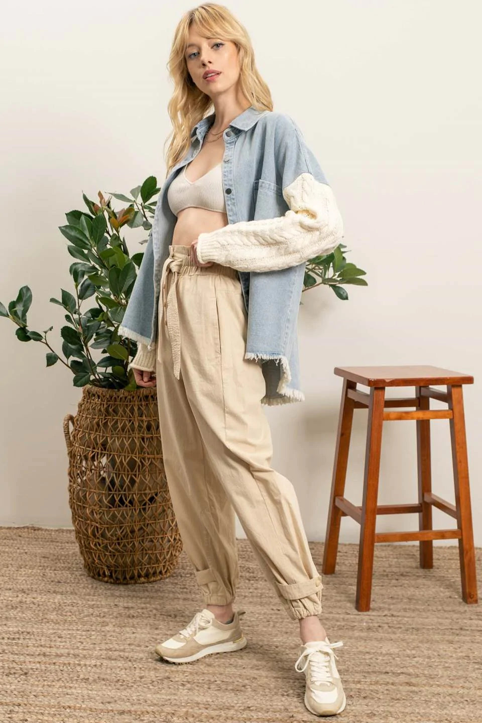 Contrast Cable Knit Sleeves Frayed Hem Jacket - Denim