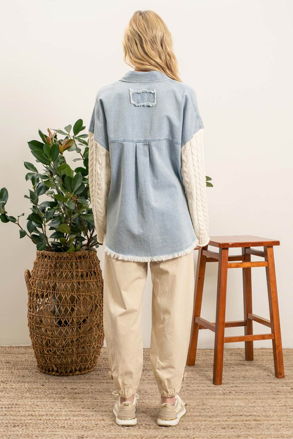 Contrast Cable Knit Sleeves Frayed Hem Jacket - Denim