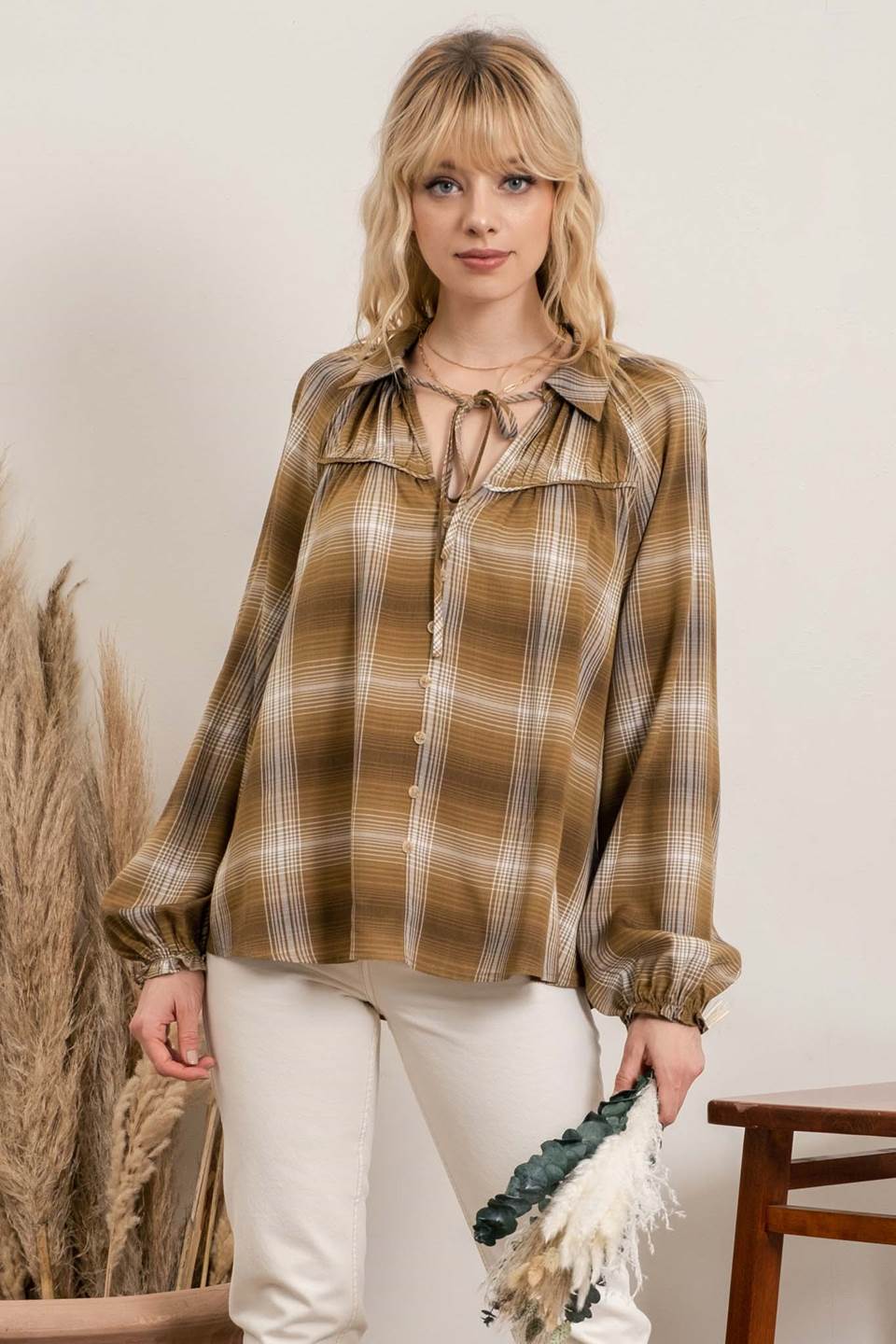 Olive Plaid Peasant Top
