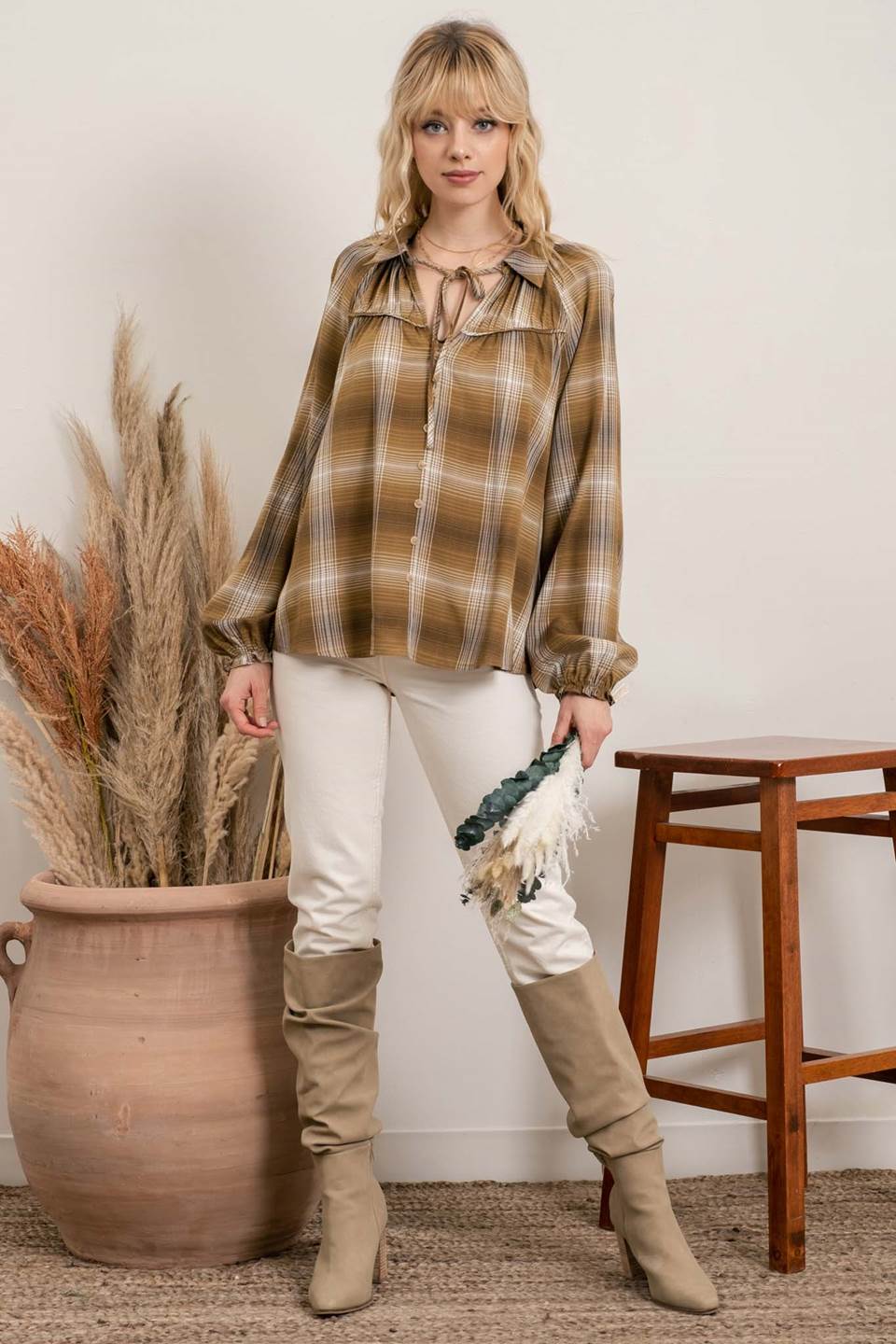 Olive Plaid Peasant Top