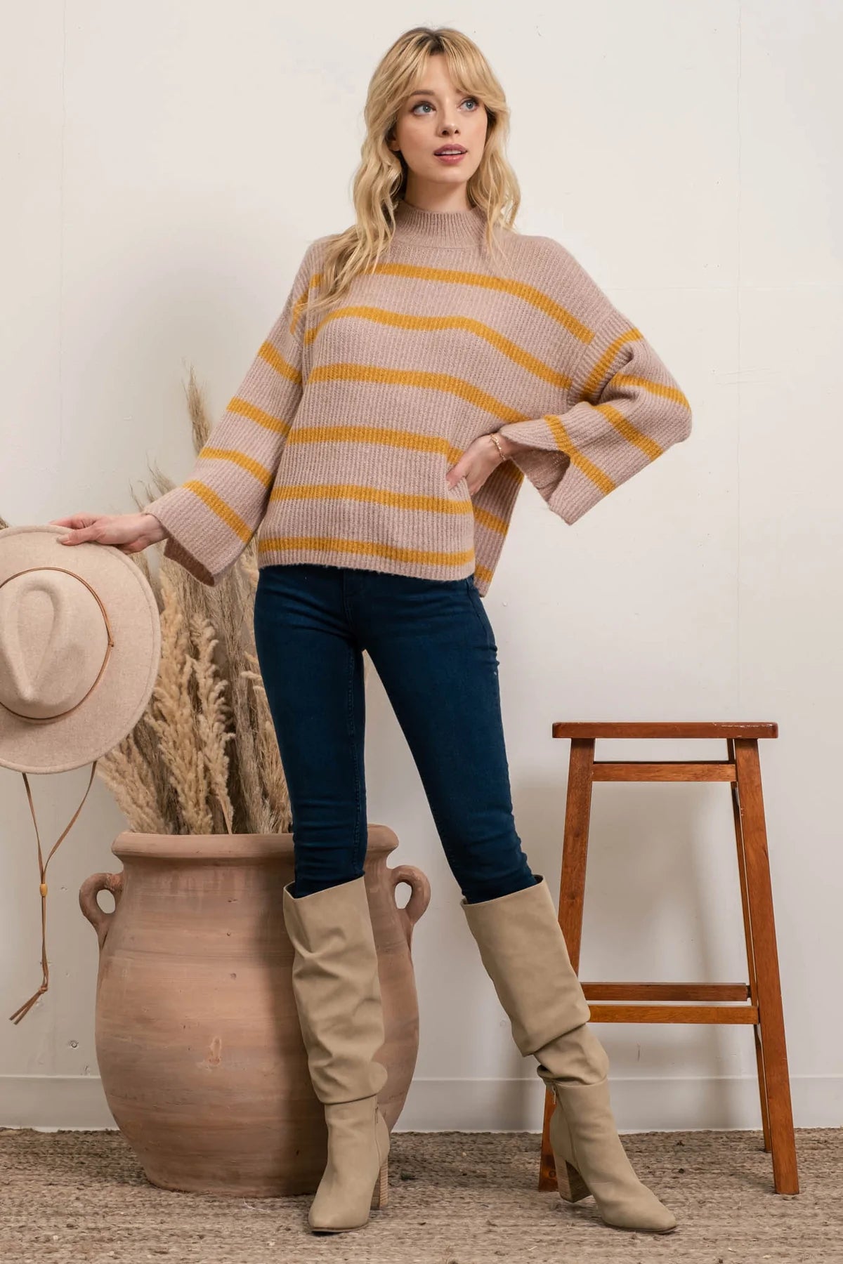 Striped Pullover Sweater - Mocha